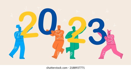 Happy New Year.  People holding 2023 New Year numbers in hands. Friends celebrating and having fun at winter party. Colorful vector illustration
