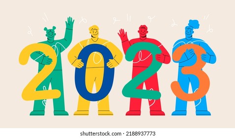 Happy New Year.  People holding 2023 New Year numbers in hands. Friends celebrating and having fun at winter party. Colorful vector illustration
