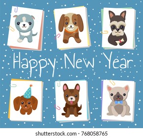 Happy New Year pets poster with cute smiling dogs on blue background with snowfall. Vector illustration with happy animals on white square cards