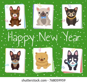 Happy New Year pets poster with cute smiling dogs on green background with snowfall. Vector illustration with happy animals on white square cards