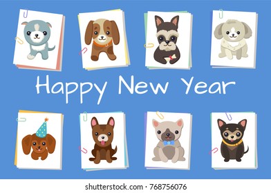 Happy New Year pets poster with cute smiling dogs on blue background. Vector illustration with happy animals on white square cards