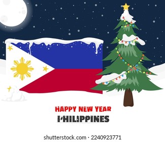 Happy new year in Philippines with Christmas tree and snow, banner or content design idea, Philippines flag with pine tree, new year celebration idea, sky with full moon and stars, vector design