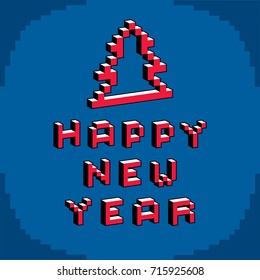 Happy New Year phrase created in digital technology style, vector 8 bit Christmas tree. Celebration theme pixel art inscription.