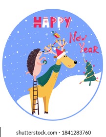Happy New Year Phrase. Greeting card with reindeer in Christmas hat and scarf and baubles. Cute hedgehog decorates deer for holiday.  Happy animals and Christmas tree in winter postcard.