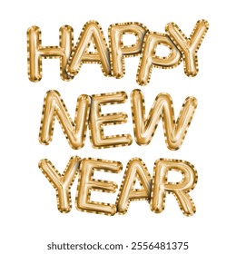 Happy New Year phrase made of golden inflatable balloons, Luxury realistic balloons. 3D gold glossy helium balloons isolated on white background, vector illustration