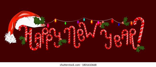 Happy New Year.  The phrase written by candy cane sweets and Santa's hat on top. Vector illustration.