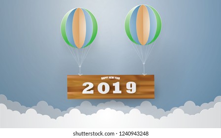 Happy new year with picked text 2019 on wooden in the sky ,Vector and illustration.