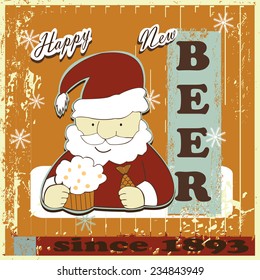 Happy new Year. Picture contains images of Santa with  beer mug, text, snowflakes on vintage background. Scrap booking style.
