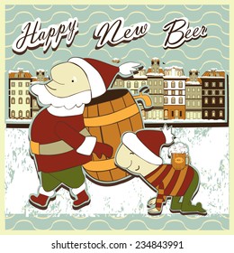 Happy new Year. Picture contains images of Santa with  beer tun,elf with beer mug, town silhouette on vintage background. Scrap booking style.