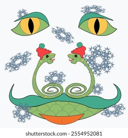Happy New Year. A picture of green snakes in the form of a large snake head.
