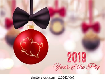 Happy New Year of the pig 2019 vector postcard, decorative baubles with cute symbol animal, vector illustration