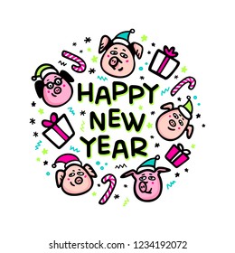 Happy new year Pig card. Funny pigs with gifts and santa hats. 2019 Chinese New Year symbol. Doodle style characters for greeting cards, print, icon, sticker. Vector illustration