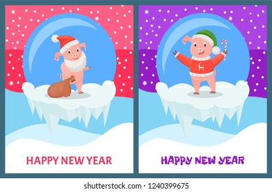 Happy New Year, pig carrying sack with presents vector. Piglet wearing knitted sweater with reindeer print, Santa Claus hat on head. Snowfall outside