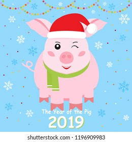 Happy New Year.  Year pig. Cute Pig design on blue background for greetings card, flyers, invitation, banners. Vector illustration.