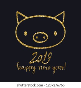 Happy New Year of the pig cute animal gold glitter postcard design, vector illustration
