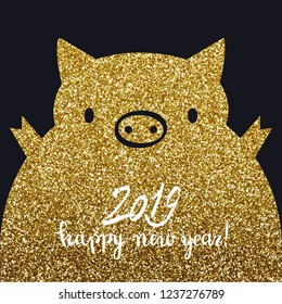 Happy New Year of the pig cute animal gold glitter postcard design, vector illustration