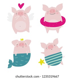 Happy new year pig. Funny pig cartoon character, vector illustration isolated on white background