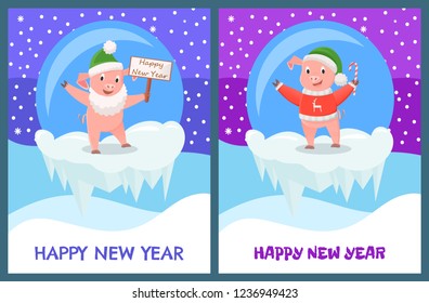 Happy New Year, pig in glass ball winter toy vector. Snowing weather and animal symbol of holidays. Piglet holding candy stick, sweets wearing sweater