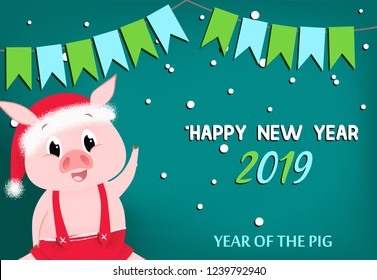 Happy New Year with pig green poster design. Inscription with piglet in red jumper suit on green background with flags and snowflakes. Can be used for postcards, invitations, greeting cards