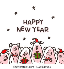 Happy new year Pig greeting card. Funny pigs with candy canes, gifts and santa hats. 2019 Chinese New Year symbol. Doodle style characters for greeting cards, print, icon, sticker. Vector illustration