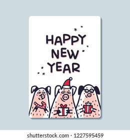 Happy new year Pig greeting card. Funny pigs with candy canes, gifts and santa hats. 2019 Chinese New Year symbol. Doodle style characters for greeting cards, print, icon, sticker. Vector illustration