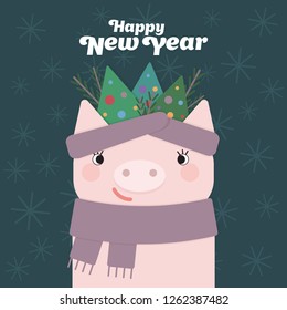 	
Happy new year. Pig - symbol 2019 New Year. Template banner, poster, greeting cards. Vector illustration.