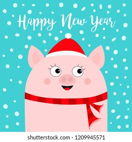Happy New Year. Pig wearing red Santa hat, scarf. Snow flake falling down. Chinise symbol of 2019. Cute cartoon funny smiling character. Flat design. Blue background. Isolated. Vector illustration