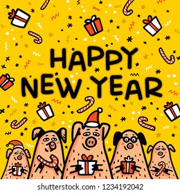 Happy new year Pig yellow greeting card. Funny pigs with candy canes, gifts and santa hats. 2019 Chinese New Year symbol. Doodle style characters for cards, print, icon, sticker. Vector illustration