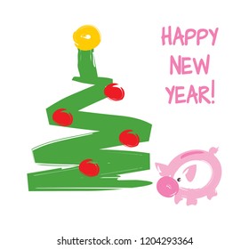 Happy New Year. Piggy bank under a Christmas tree. Cartoon vector illustration