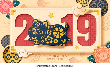 Happy New Year with piggy and peony in paper art style