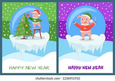 Happy New Year piglet decorating evergreen tree vector. Winter holidays snowing weather, pig wearing sweater with reindeer print, holding candy stick