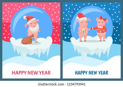 Happy New Year, piglet presenting gift to girl vector. Glass baubles and snowing, snowfall frozen ice. Animal wearing Santa Claus hat holding bag