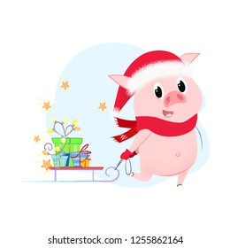 Happy New Year piglet pulling sled with gifts. Christmas gift delivery concept. Vector illustration can be used for banner design, festive posters, greeting cards, flyers