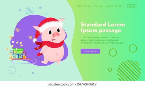 Happy New Year piglet pulling sled with gifts. Christmas gift delivery concept. Vector illustration can be used for banner design, festive poster or landing page
