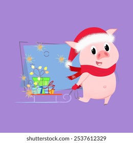 Happy New Year piglet pulling sled with gifts. Christmas gift delivery concept. Vector illustration can be used for banner design, festive posters, greeting cards, flyers