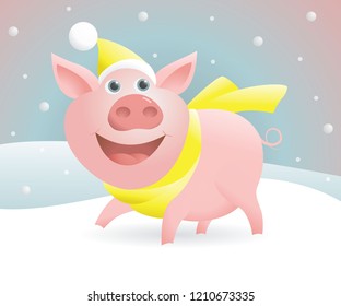 Happy New Year. Pigs on a snowdrift. Falling snowflakes. Chinese symbol of 2019. Yellow hat and scarf. Hello winter. Cute cartoon funny character. Flat design. Blue background. Vector illustration