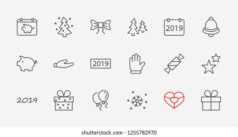 Happy New Year Pigs. Set vector line icon. Contains such Icons as Pig, Christmas Tree, Calendar 2019, Bow, Balloons, Bell, Candy, Gift Box, Stars, Snowflake. Editable Stroke. 32x32 Pixel Perfect