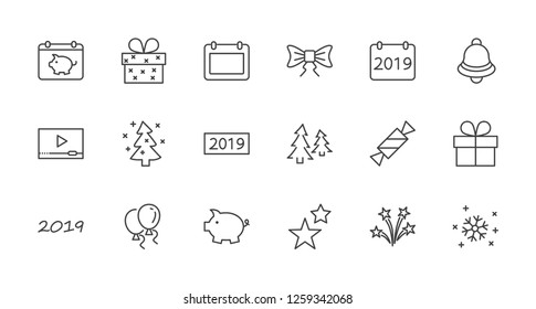 Happy New Year Pigs. Set vector line icon. Contains such Icons as Pig, Christmas Tree, Calendar 2019, Bow, Balloons, Bell, Candy, Gift Box, Stars, Snowflake. Editable Stroke. 32x32 Pixel Perfect