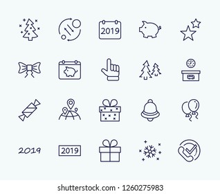 Happy New Year Pigs. Set vector line icon. Contains such Icons as Pig, Christmas Tree, Calendar 2019, Bow, Balloons, Bell, Candy, Gift Box, Stars, Snowflake. Editable Stroke. 32x32 Pixel Perfect