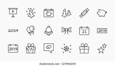 Happy New Year Pigs. Set vector line icon. Contains such Icons as Pig, Christmas Tree, Calendar 2019, Bow, Balloons, Bell, Candy, Gift Box, Stars, Snowflake. Editable Stroke. 32x32 Pixel Perfect