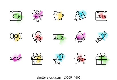 Happy New Year Pigs. Set vector line icon. Contains such Icons as Pig, Christmas Tree, Calendar 2019, Bow, Balloons, Bell, Candy, Gift Box, Stars, Snowflake. Editable Stroke. 32x32 Pixel Perfect