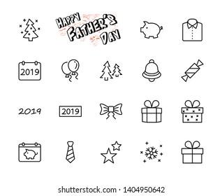Happy New Year Pigs. Set vector line icon. Contains such Icons as Pig, Christmas Tree, Calendar 2019, Bow, Balloons, Bell, Candy, Gift Box, Stars, Snowflake. Editable Stroke. 32x32 Pixel Perfect