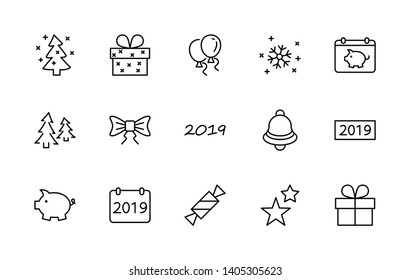Happy New Year Pigs. Set vector line Free icon. Contains such Icons as Pig, Christmas Tree, Calendar 2019, Bow, Balloons, Bell, Candy, Gift Box, Stars, Snowflake. Editable Stroke. 32x32 Pixel Perfect