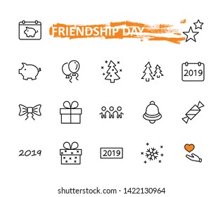 Happy New Year Pigs. Set vector line icon. Contains such Icons as Pig, Christmas Tree, Calendar 2019, Bow, Balloons, Bell, Candy, Gift Box, Stars, Snowflake. Editable Stroke. 32x32 Pixel Perfect
