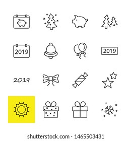 Happy New Year Pigs. Set vector line icon. Contains such Icons as Pig, Christmas Tree, Calendar 2019, Bow, Balloons, Bell, Candy, Gift Box, Stars, Snowflake. Editable Stroke. 32x32 Pixel Perfect