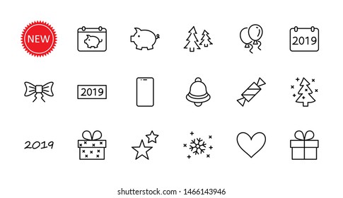 Happy New Year Pigs. Set vector line icon. Contains such Icons as Pig, Christmas Tree, Calendar 2019, Bow, Balloons, Bell, Candy, Gift Box, Stars, Snowflake. Editable Stroke. 32x32 Pixel Perfect