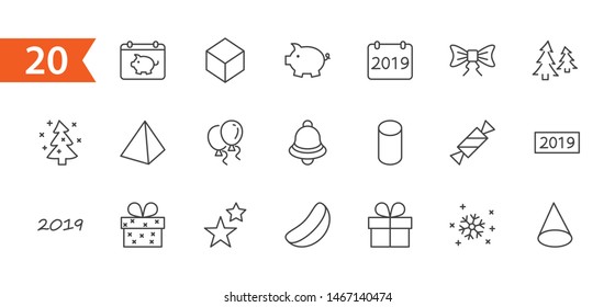 Happy New Year Pigs. Set vector line icon. Contains such Icons as Pig, Christmas Tree, Calendar 2019, Bow, Balloons, Bell, Candy, Gift Box, Stars, Snowflake. Editable Stroke. 32x32 Pixel Perfect