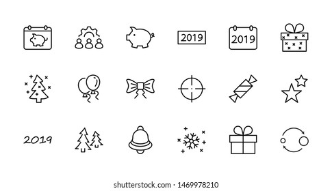 Happy New Year Pigs. Set vector line icon. Contains such Icons as Pig, Christmas Tree, Calendar 2019, Bow, Balloons, Bell, Candy, Gift Box, Stars, Snowflake. Editable Stroke. 32x32 Pixel Perfect
