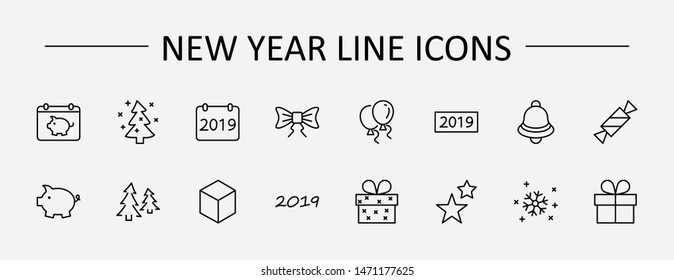 Happy New Year Pigs. Set vector line icon. Contains such Icons as Pig, Christmas Tree, Calendar 2019, Bow, Balloons, Bell, Candy, Gift Box, Stars, Snowflake. Editable Stroke. 32x32 Pixel Perfect