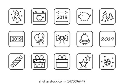 Happy New Year Pigs. Set vector line icon. Contains such Icons as Pig, Christmas Tree, Calendar 2019, Bow, Balloons, Bell, Candy, Gift Box, Stars, Snowflake. Editable Stroke. 32x32 Pixel Perfect